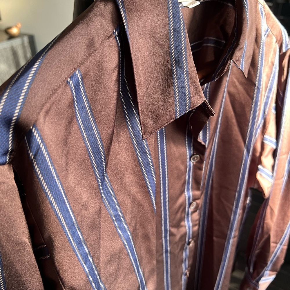 LOFT Women’s Silky Brown and Blue Striped Button-Down Shirt - Picture 3 of 4